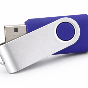 Stick USB personalizat albastru cu mecanism rotativ si finisaj elegant, ideal pentru promovare business si campanii corporate premium