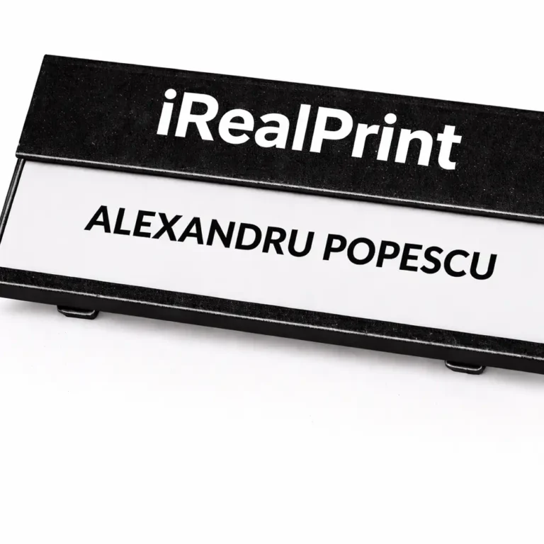 Ecuson metalic negru din aluminiu personalizat cu nume si logo, design elegant si autoritar pentru imagine profesionala premium