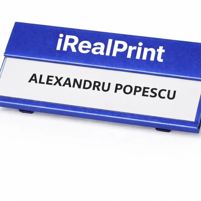 Detaliu ecuson aluminiu albastru cu personalizare print UV, text clar si contrast optim pentru vizibilitate si utilizare zilnica