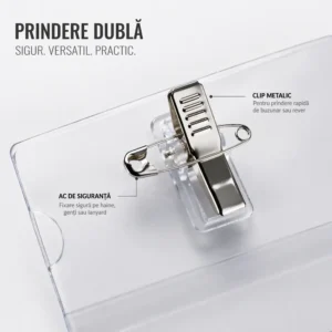 Detaliu suport ecuson cu ac si clips flexibil, mecanism metalic rezistent pentru prindere sigura si utilizare repetata