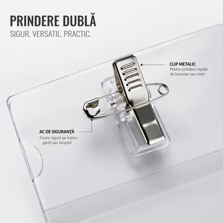 Detaliu suport ecuson cu ac si clips flexibil, mecanism metalic rezistent pentru prindere sigura si utilizare repetata