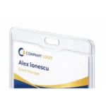 Detaliu suport ecuson rigid orizontal din plastic dur, material rezistent la impact pentru utilizare zilnica intensiva