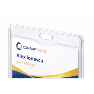 Detaliu suport ecuson rigid orizontal din plastic dur, material rezistent la impact pentru utilizare zilnica intensiva