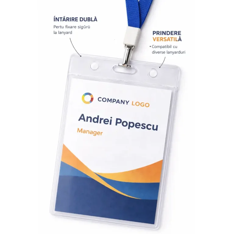 Ecuson vertical din plastic dur purtat cu lanyard, solutie sigura si profesionala pentru identificare in medii corporate