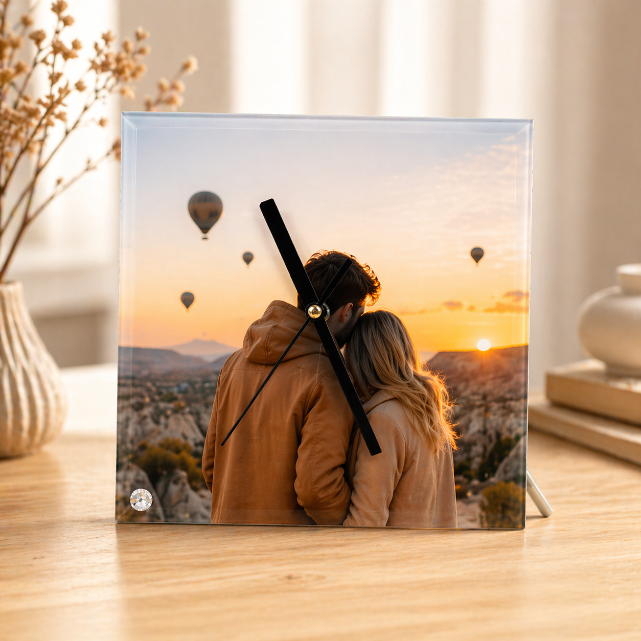 ceas-sticla-personalizat-patrat-foto-cuplu-apus-design-premium Ceas de perete din sticla personalizat patrat cu fotografie cuplu la apus, design elegant premium ideal pentru cadou si decor modern