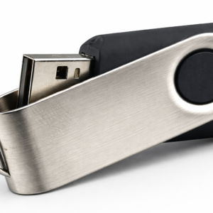 Stick USB negru personalizat cu logo, design elegant si finisaj modern, ideal pentru promovare business si cadouri corporate de impact