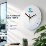 Ceas personalizat pentru firma cu logo pe fundal alb minimalist, ideal pentru branding vizual si spatii corporate moderne