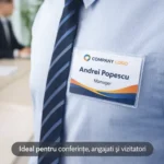 Ecuson prins cu ac si clips flexibil pe camasa, solutie discreta si eleganta pentru identificare in medii corporate