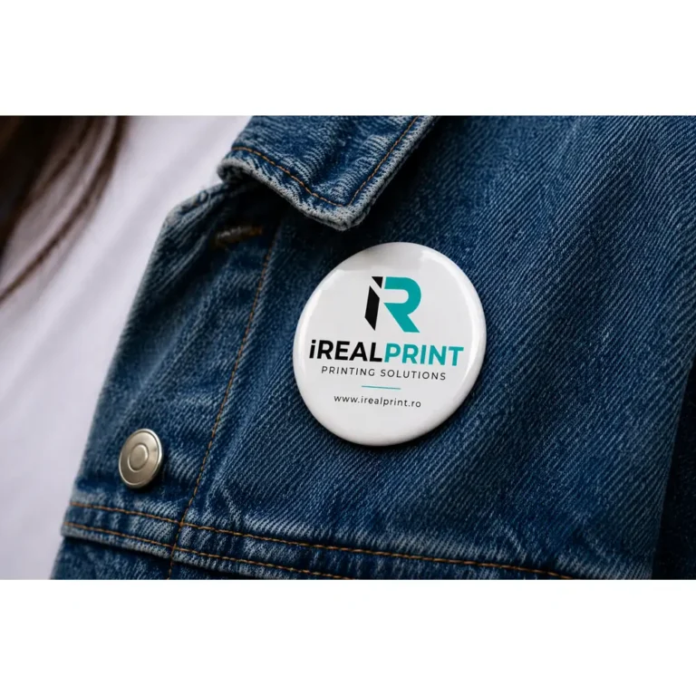 Insigna personalizata 44mm purtata pe jacheta, solutie eficienta pentru expunere constanta a brandului si promovare directa