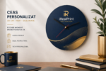 Ceas de perete personalizat prezentat in decor de birou modern, evidentiind beneficiile de branding si utilizarea ca element vizual strategic