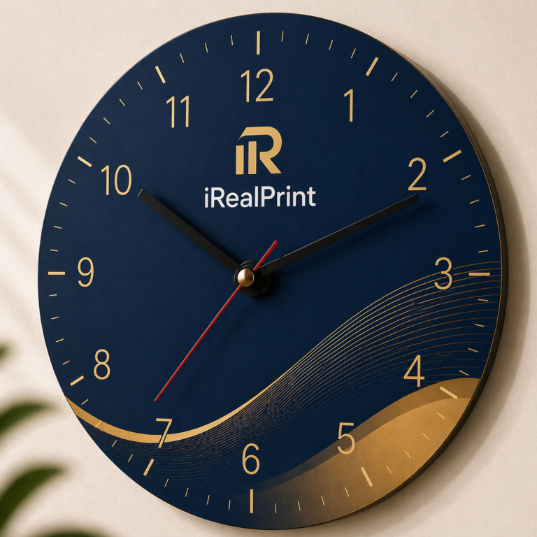 Ceas de perete personalizat iRealPrint in culori navy si auriu, design premium modern ideal pentru branding vizual elegant in birou