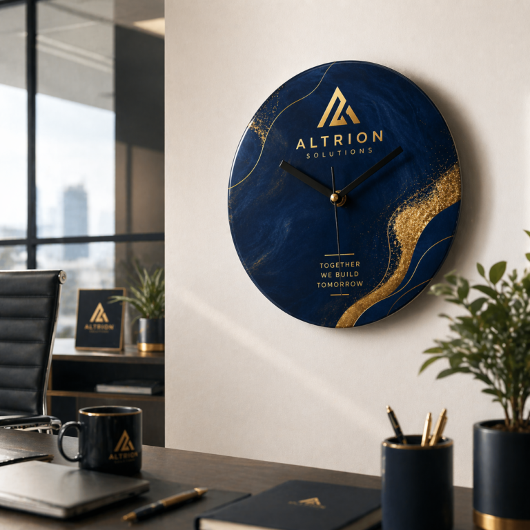 Ceas de perete rotund din sticla personalizat cu logo Altrion, design premium pentru birou modern si branding profesional