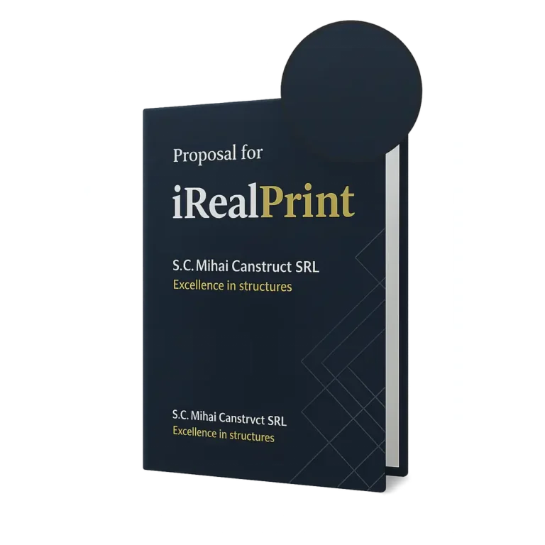 Mapă personalizată cu laminare mată prezentată în context business exterior, pentru livrare documente și imagine profesională