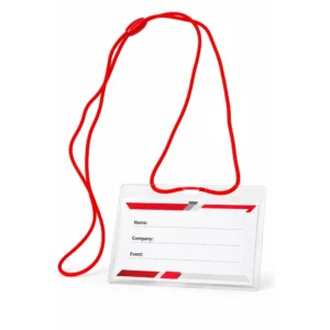 Detaliu lanyard rosu cu suport ecuson, sistem de prindere sigur si utilizare confortabila pentru purtare zilnica