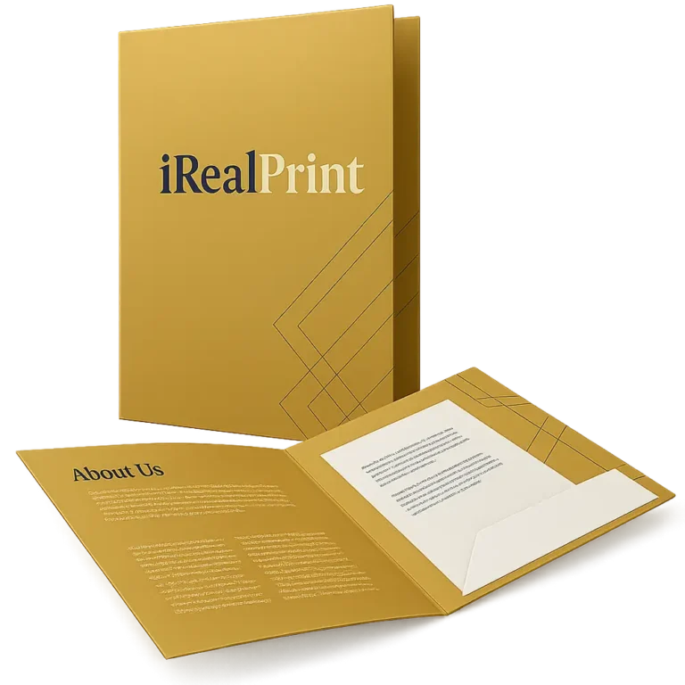 Mapă personalizată aurie cu interior personalizat, design premium și aspect elegant pentru branding de impact