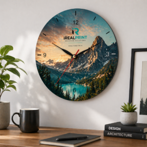 Ceas de perete personalizat cu peisaj montan si logo iRealPrint, design premium cu print clar ideal pentru decor modern si branding vizual