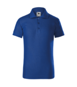 Tricou polo personalizat copii albastru regal vedere fata, model premium pentru uniforme moderne si branding educational vizibil