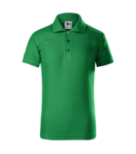 Tricou polo personalizat copii verde mediu vedere fata, model premium pentru uniforme scolare si activitati educationale
