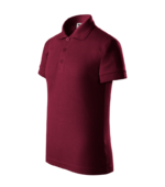 Tricou polo copii visiniu garnet din perspectiva laterala, ideal pentru personalizare profesionala cu logo sau broderie premium