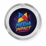 Scrumiera rotunda din sticla personalizata cu logo Media Impact si branding profesional pentru locatie premium