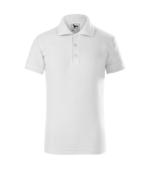 Tricou polo personalizat copii alb vedere fata, model premium pentru uniforme scolare si branding elegant