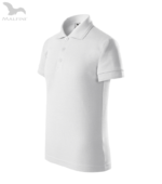 Tricou polo personalizat copii alb perspectiva laterala, model premium pentru personalizare si uniforme moderne