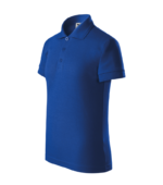 Tricou polo personalizat copii albastru regal din perspectiva laterala, design premium pentru scoli si cluburi sportive