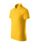 Tricou polo personalizat copii galben din perspectiva laterala, design modern pentru scoli, tabere si cluburi sportive