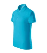 Tricou polo personalizat copii culoare turcoaz din perspectiva laterala, design premium pentru scoli si afterschool