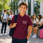 Elev purtand tricou polo personalizat visiniu garnet in curtea scolii, imagine lifestyle premium pentru branding educational