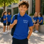 Elev purtand tricou polo personalizat albastru regal in curtea scolii, imagine lifestyle moderna pentru uniforme si branding de grup