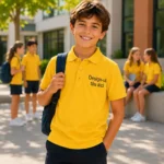 Tricou polo personalizat copii galben purtat in mediul scolar, model premium pentru branding vesel si activitati educationale