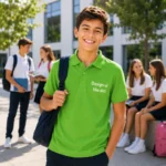 Copil purtand tricou polo personalizat verde mar la scoala, imagine lifestyle moderna pentru uniforme si evenimente educationale
