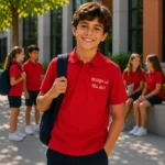 Elev purtand tricou polo personalizat copii rosu in curtea scolii, imagine lifestyle premium pentru uniforme moderne si activitati educationale