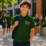 Elev purtand tricou polo personalizat verde sticla in curtea scolii, imagine lifestyle premium pentru uniforme moderne si branding elegant