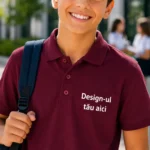 Detaliu close-up tricou polo copii visiniu garnet personalizat, evidentiind textura materialului si printul profesional