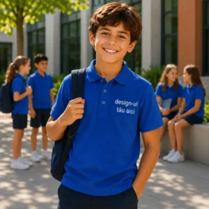 Copil purtand tricou polo royal blue personalizat, produs premium pentru activitati educationale si evenimente organizate