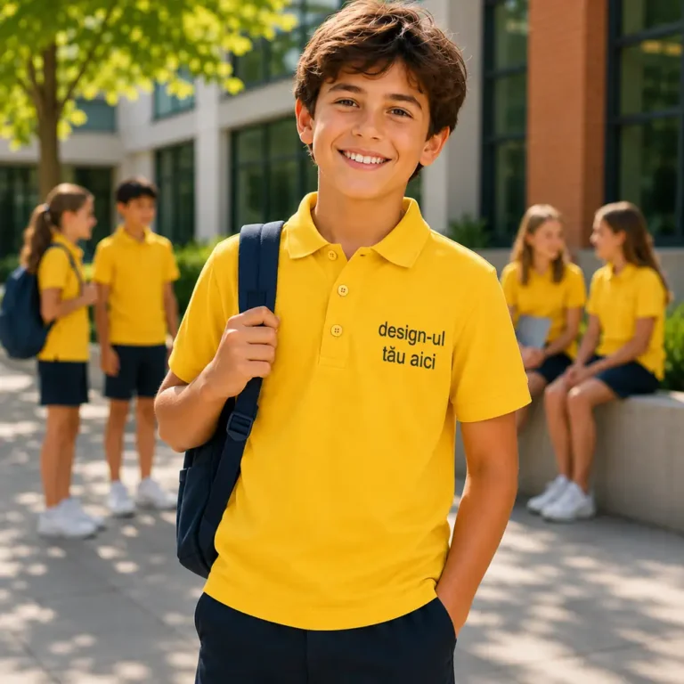 Tricou polo copii galben personalizat cu design contrastant, produs modern pentru scoli, tabere si cluburi