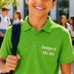 Detaliu close-up tricou polo verde mar personalizat pentru copii, evidentiind textura materialului si printul profesional