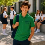 Detaliu close-up tricou polo copii verde mediu personalizat, evidentiind textura materialului si printul profesional