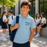 Detaliu close-up tricou polo copii albastru deschis personalizat, evidentiind textura materialului si printul profesional