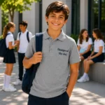 Detaliu close-up tricou polo copii gri personalizat, evidentiind textura materialului si personalizarea profesionala