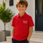 Tricou polo personalizat copii rosu cu design modern si aspect elegant pentru branding educational si uniforme scolare