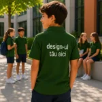 Copil purtand tricou polo verde sticla personalizat pe spate, imagine premium pentru branding educational si spirit de echipa