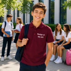 Tricou polo premium copii visiniu garnet pentru uniforme moderne, imagine eleganta pentru scoli si afterschool