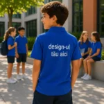 Tricou polo personalizat copii albastru regal cu personalizare pe spate, imagine premium pentru branding si identitate vizuala