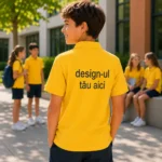 Tricou polo personalizat copii galben vedere spate cu personalizare mare, ideal pentru branding si identificare rapida