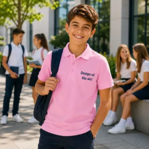 Tricou polo premium copii roz pentru uniforme moderne, imagine fresh pentru scoli si activitati educationale