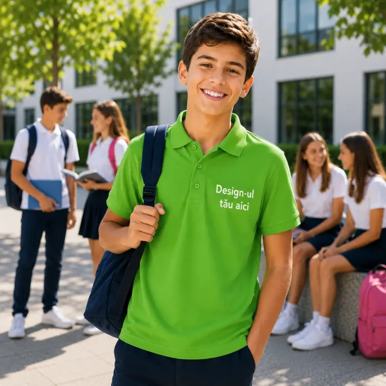 Elev purtand tricou polo verde mar personalizat in curtea scolii, ideal pentru uniforme moderne si activitati de grup