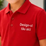 Detaliu close-up tricou polo copii rosu personalizat, evidentiind textura materialului si printul profesional premium
